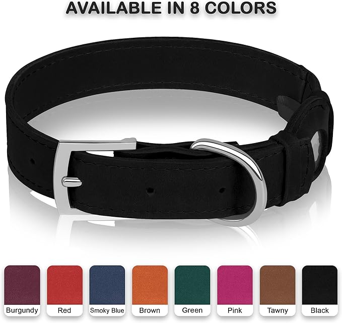 Leather Dog Collar with Airtag Holder - Apple AirTag Dog Collars - Soft Tracking Smart GPS Pet Collar for Small Medium Large Dogs Puppy (Black, M, 12"-15" Neck Fit)