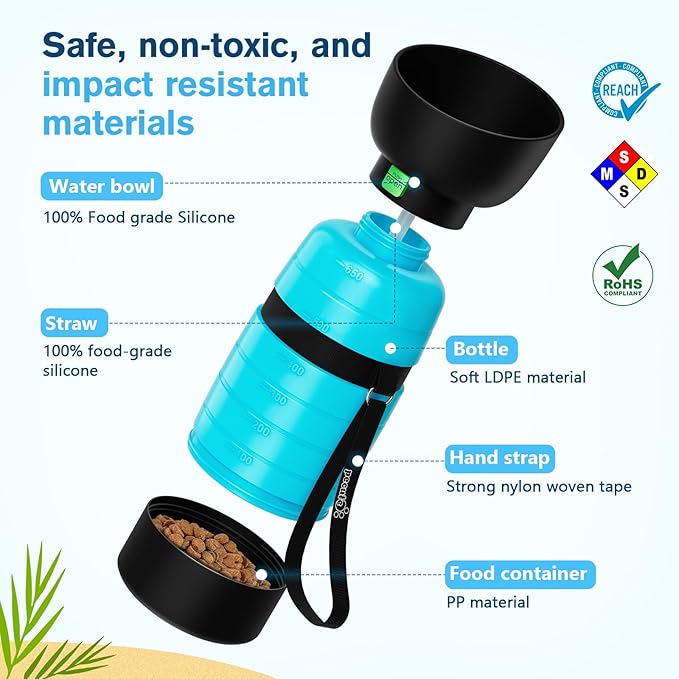 Pecute Dog Water Bottle Portable 22 oz with 5 oz Food Container, Poop Bag Holder, Portable Dog Water Bottle Dispenser, Leakproof, Lightweight, Pet Water Bottle for Dogs Outdoor Travel Walking