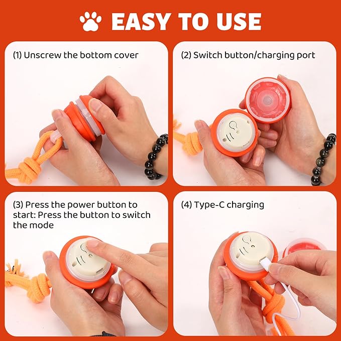 Interactive Dog Ball Random Path Electric Automatic Moving and Rolling Dogs Toy with Rope Dog Squeaky Ball for Large Puppy Dogs for Boredom Relief