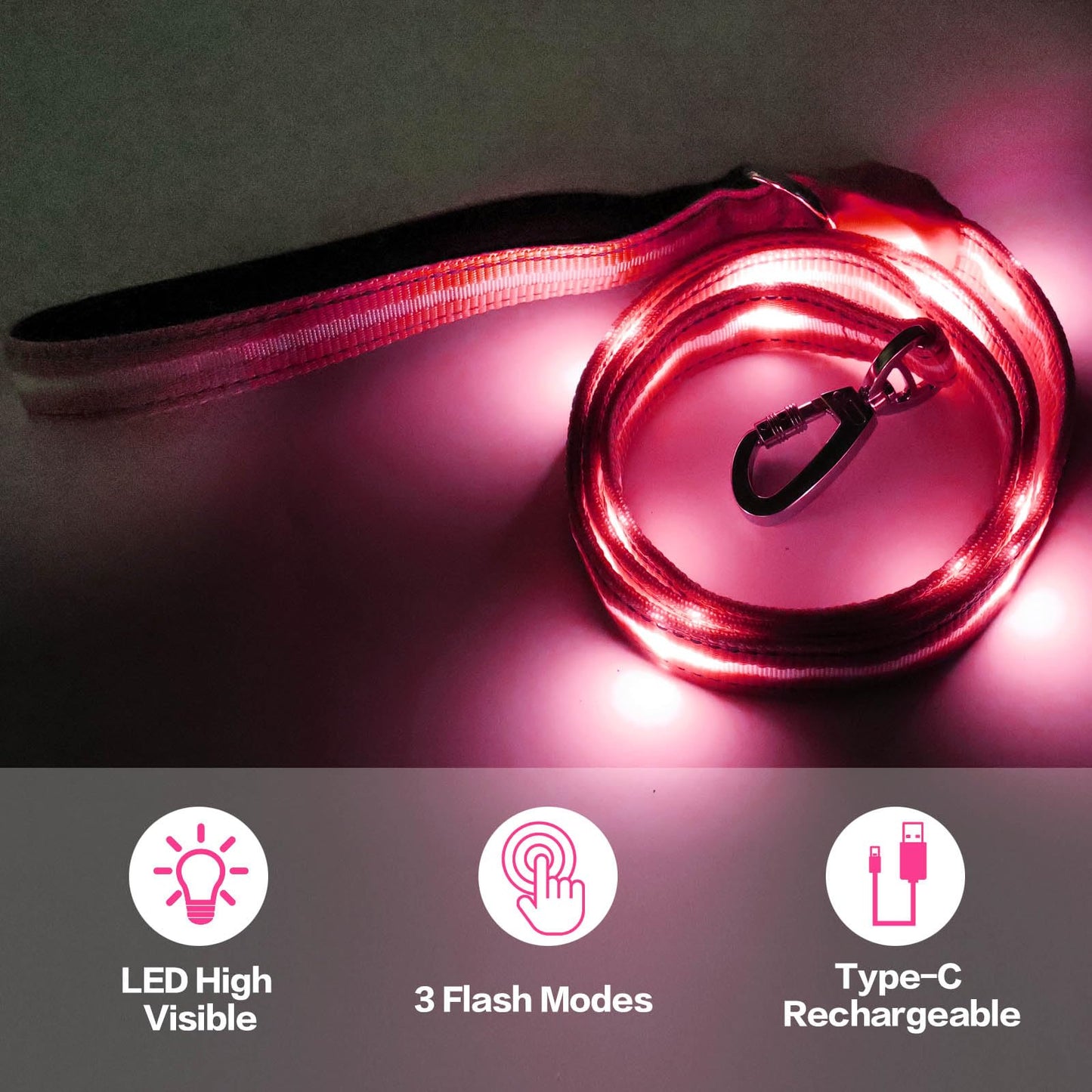 LED Light Up Dog Leash, 5 Ft Rechargeable Lighted Glowing Dog Leash with 3 Flash Modes Night Walking Safety, Nylon Waterproof Reflective Leashes with Padded Handle for Small Medium Large Pet