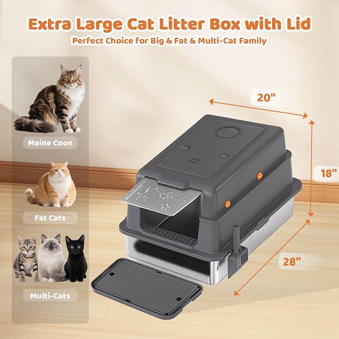 Homegroove XXXL Stainless Steel Litter Box with Lid, 28''x20''x18'' Extra Large Cat Litter Box with Litter Scoop & Pedal, Enclosed Metal Cat Litter Pan for Large & Multi-Cats, Anti-Leakage (Grey)