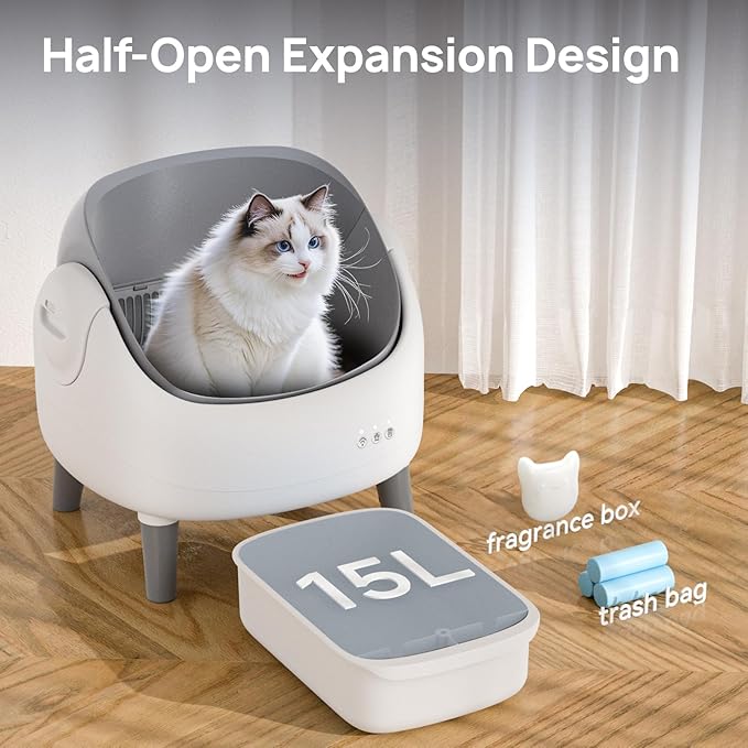 Open-Top Self Cleaning Litter Box, Automatic Cat Litter Box with APP Control, Dual Safety Sensors, Includes Trash Bags, Grey-White