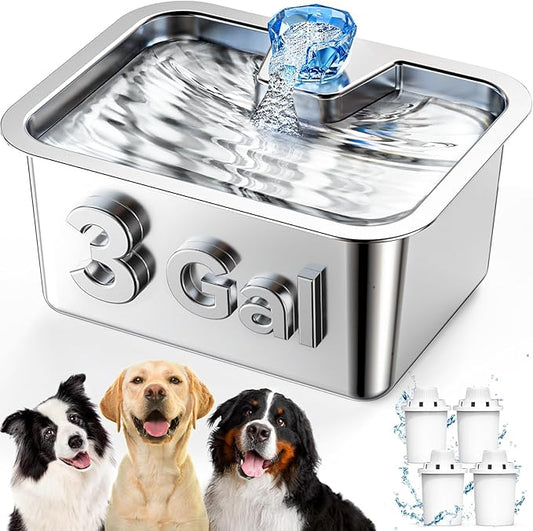 Large Dog Water Fountain Dispenser - 3 Gallon Stainless Steel Pet Water Fountain with 4 Filters for Large Dogs, Automatic Big Dog Water Bowl Dispenser Drinking for Multi-pet, Easy to Clean, Quiet Pump