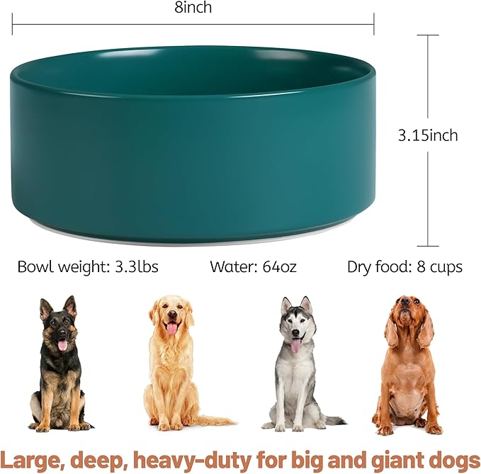 Large Dog Bowls, Non Slip Heavy Ceramic Dog Food and Water Bowl with White Silicone Base, 2 Pack Pet Feeding Bowls for Medium Big and Giant Dogs (Grey+Green, 8 Inches)