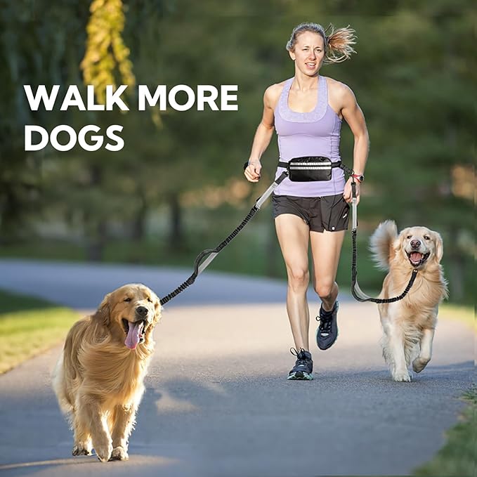 Hands Free Dog Leash with Pouch, Double Leash for Two Dogs, Retractable Bungee with Double Padded Handles, Dog Waist for Dog Walking,Dog Walking Accessories,Black Grey