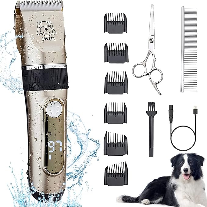 Dog Clippers, 2-Speed Professional Rechargeable Cordless Cat Shaver and Low Noise Water Proof Electric Dog Trimmer Pet Grooming Kit Animal Hair Clippers Tool with Scissors Combs
