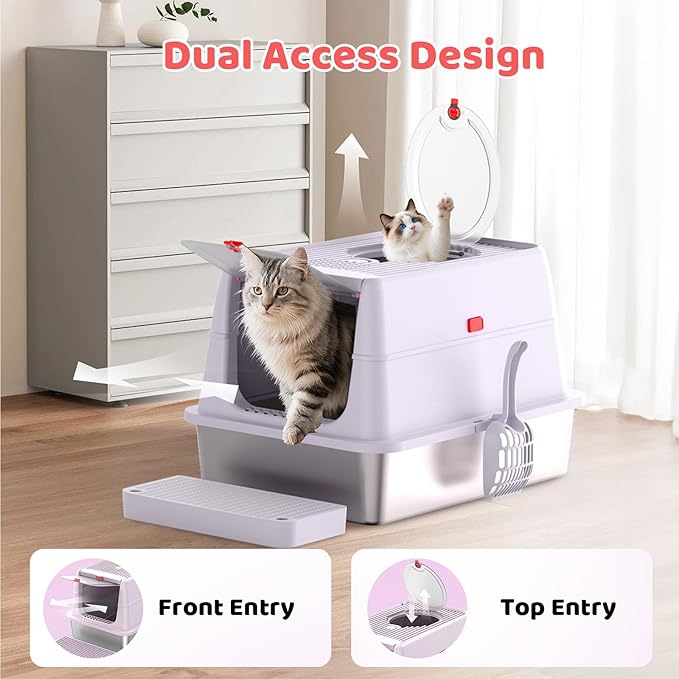 Stainless Steel Cat Litter Box with Lid, 180° Flip Top Kitty Litterbox, XL High Sided Enclosure Litter Pan for Big Cats, Front & Top Entry, Anti-Leakage, Odor-Free, Easy Clean, Includes Scoop Mat