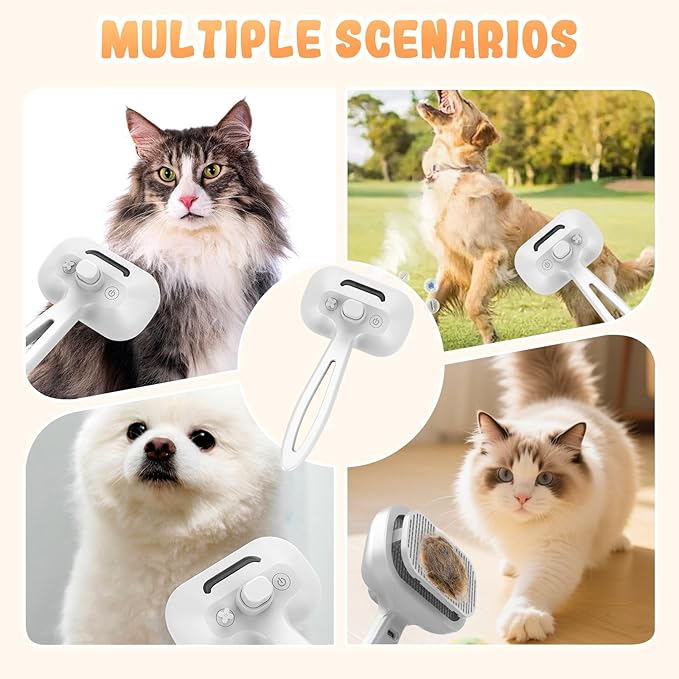 Comb for Cats Dogs, Cat Steam Brush, 3-in-1 Spray Hair Removal Comb for Shedding & Grooming, Effective Pet Brush for Indoor Cats (White-)