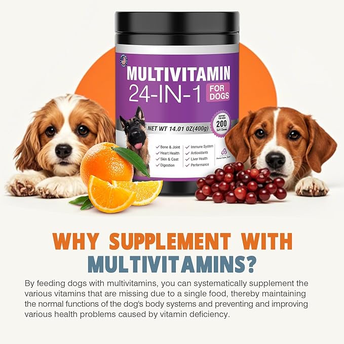 24-in-1 Dog Vitamins and Supplements 200 Ct Dogs Multivitamin Chewable Contain Chondroitin Probiotics Omega-3 Glucosamine for Dogs Skin Coat Heart Joint Gut Digestion Liver Brain Eyes Immune Support