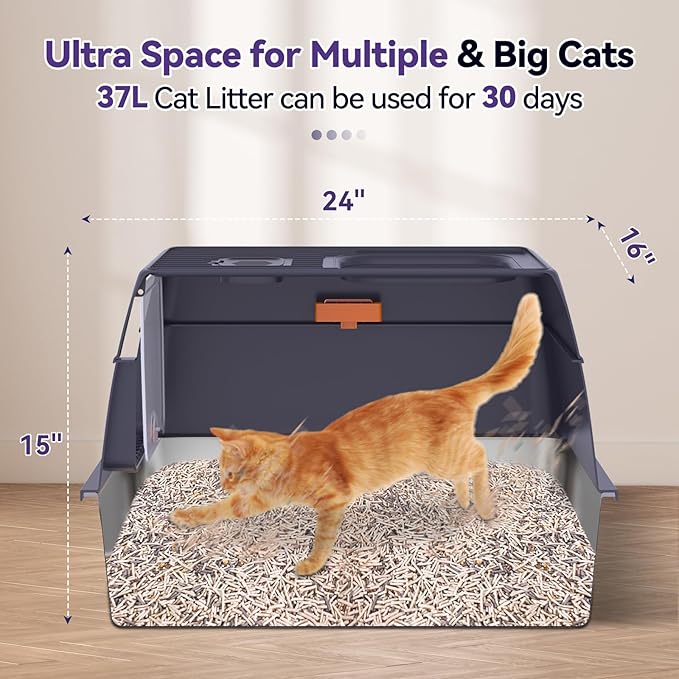 Stainless Steel Litter Box with Lid, Cat Litter Box Enclosure XL Odor-Proof with Litter Mat, Covered Litter Box Rust-Resistant Durable for Big Cat, Easy Clean 37L Capacity (Dark Purple)
