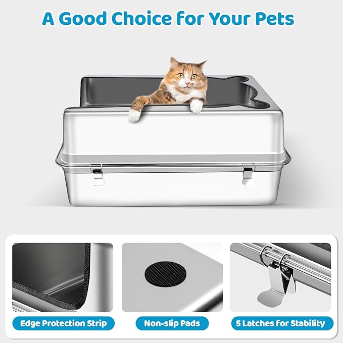 Extra Large Stainless Steel Cat Litter Box, 28" L x 19.7" W x 12" H XXXL Semi Enclosed Removable Metal Litter Tray with High Sided Enclosure, Scoop, Anti-Leakage, Non-Sticky, Easy Cleaning