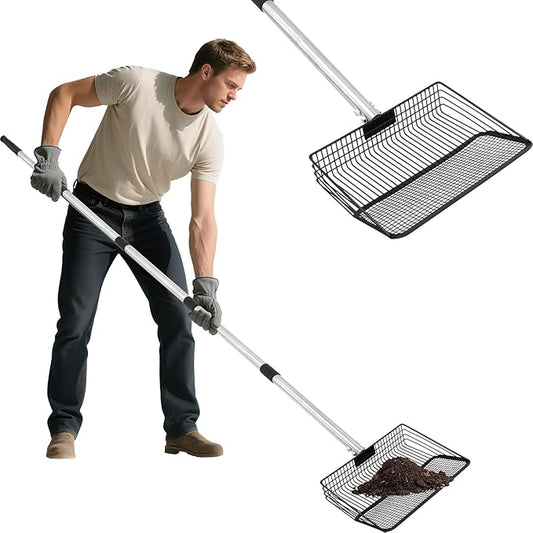 Large Metal Chicken Poop Scooper, 36 to 75" Adjustable Long Chicken Coop Litter Scoop with Stainless Steel Handle, Durable Sand Sifting Litter Shovel for Chicken Coops & Small Farm Animals