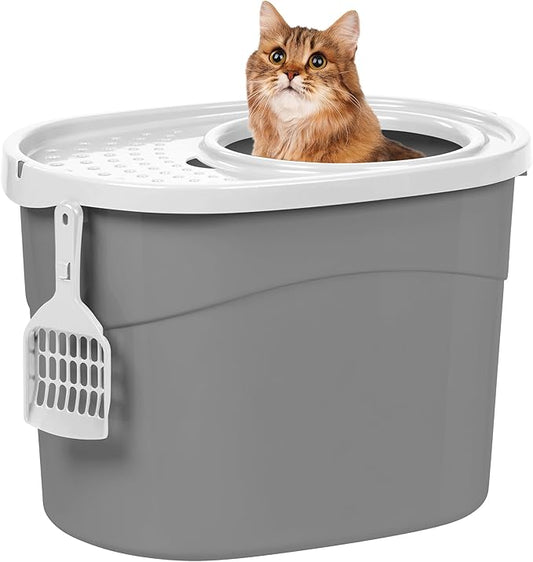 IRIS USA Top Entry Cat Litter Box, Large Enclosed with Litter Catching Lid and Scoop, Dog Proof, Cat Litter Box, Gray/White