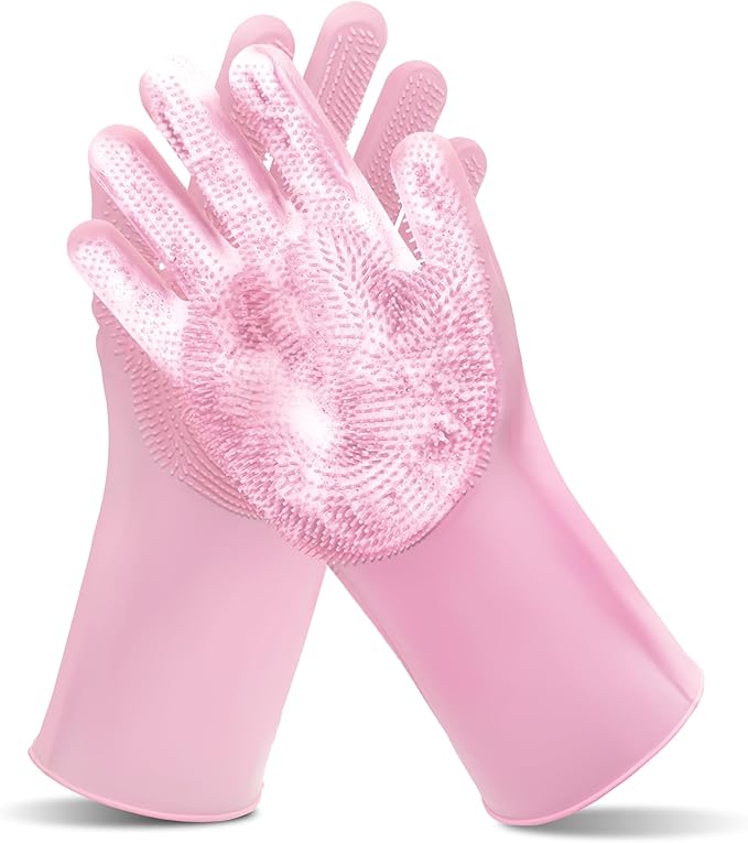 Pet Grooming Gloves—Heat Resistant Dog Washing Gloves with High-Density Teeth, Dog Bath Scrubber with Enhanced Five Finger Design, Silicone Gloves for Dogs and Cats Bathing, Massage (Pink)