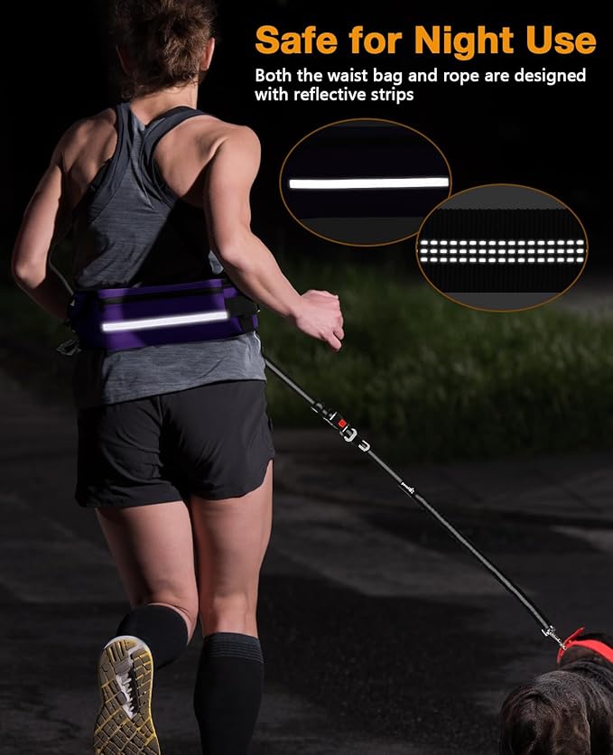 Pecute Hands Free Dog Leash with Pouch, Waist Belt Fanny Pack with Soft Pads, Dual Handles and Durable Bungee for Walking, Dog Seat Belt, Hiking, Running, Training, Purple(Up to 150lbs)