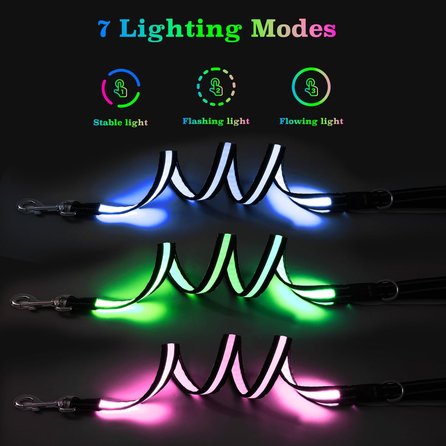 Multi-Color Light Up Dog Leash 4FT Color Changing 7 Lighting Modes Rechargeable Reflective LED Lighted Glow Dark Leash for Night Walking for Small Medium Large Dogs Blue Green Pink