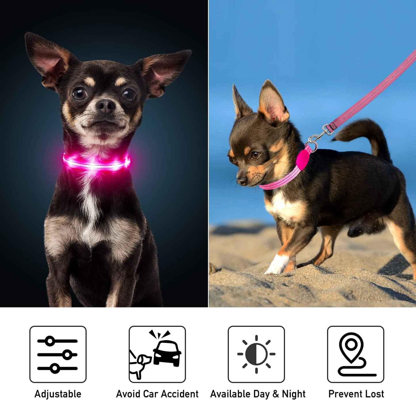 PZRLit Light Up Dog Collars for Small Medium Large Dogs, Adjustable LED Dog Collar, Rechargeable Soft Glow Collar for Dog Cat Night Walking, Pink
