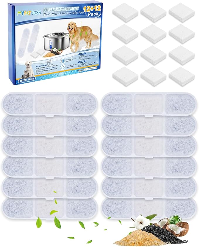 12+12 Pack Dog Fountain Water Bowl Filters Fit for Pet Water Fountains WF530 9L/2.4GaL, Large Dog Water Dispenser Replacement Filter Fit for Cat Automatic Waterer Fountain Stainless Steel