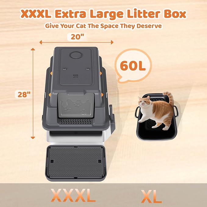 Homegroove XXXL Stainless Steel Litter Box with Lid, 28''x20''x18'' Extra Large Cat Litter Box with Litter Scoop & Pedal, Enclosed Metal Cat Litter Pan for Large & Multi-Cats, Anti-Leakage (Grey)