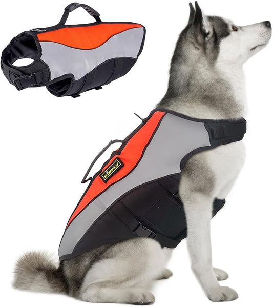 Large Dog Life Jacket with Rescue Handle - Large Reflective Adjustable Dog Flotation Vest, High Buoyancy Pet Swim Gear for Boating, Pool Safety(L, Orange)