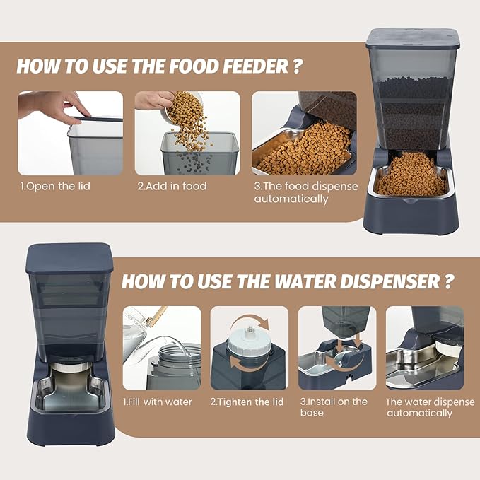 Automatic 5.4L/1.4Gal Pet Waterer, Automatic Dog Water Dispenser Gravity Stainless Steel Water Feeder, Large Capacity Feeding Bowls for Cats and Medium & Large-Sized Dogs (Black, Food+Water)