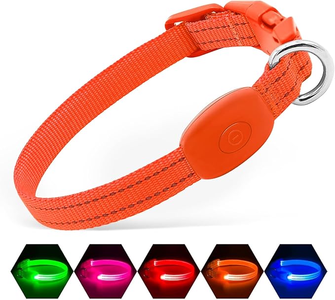 Illumifun Light Up Dog Collar for Small Dogs Cats, Rechargeable LED Dog Collar Glow at Night, Adjustable Nylon LED Cat Collar Light (Orange, X-Small)