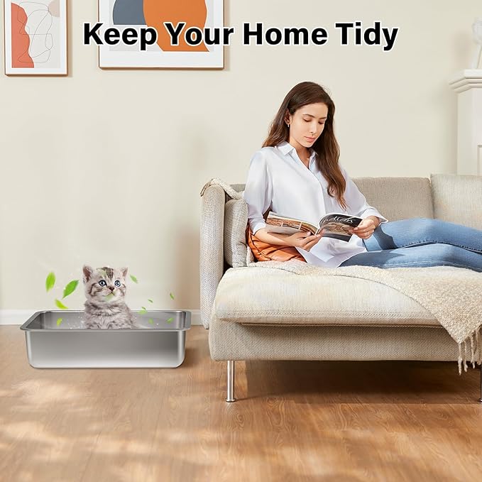 Stainless Steel Litter Box 2Pack,15.7"×11.8"×4" Small Cat Litter Box,Metal Litterbox for Kitten,Bunny,Guinea Pigs,Non Stick, No Smell, Easy to Clean