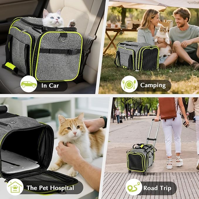 Pet Carrier with Wheels for Cat and Small Dog, Expandable Airline Approved Pet Carrier for Animal Under 15 lbs, Rolling Cats Puppy Carriers Travel Bag for Traveling and Camping