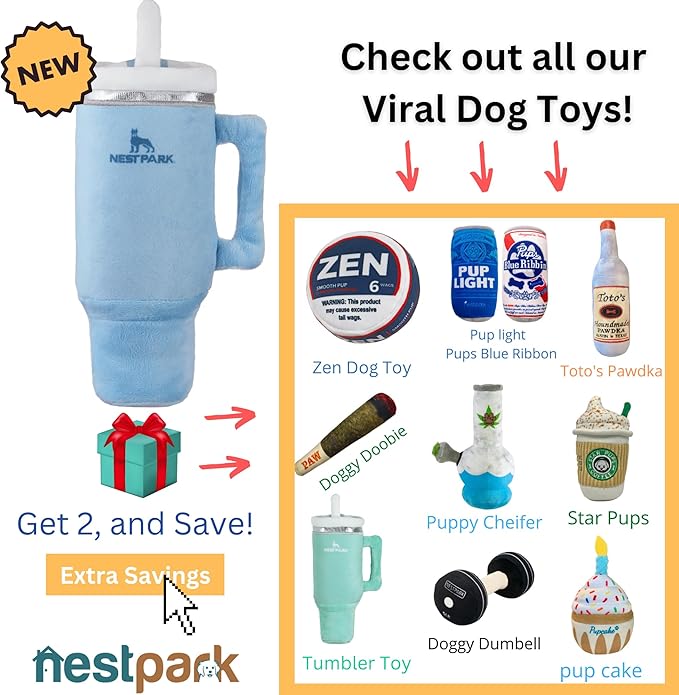 Tumbler Cup Funny Dog Toy - Parody Plush Squeaky Crinkle Dog Toy (Chambray Blue)