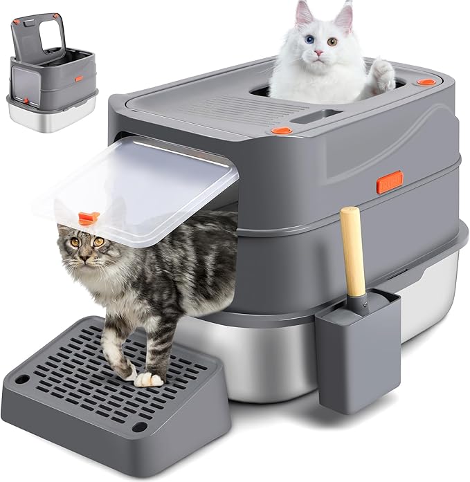 Stainless Steel Litter Box with 180° Flip-Top Lid, XXL 23.6”x 15.7”x 15.7” Enclosed Removable Metal Litter Cat Box with Filter Pedal, Scoop, Anti-Leakage, Non-Sticky, Easy Cleaning (Dark Gray)