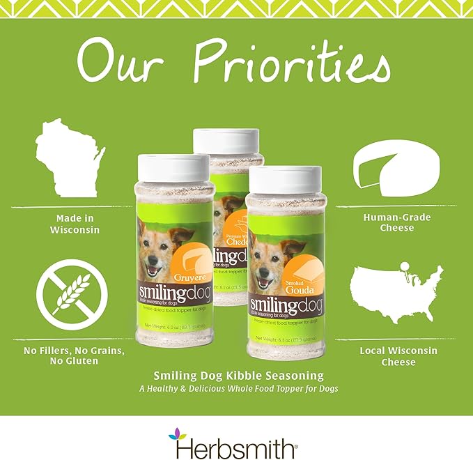 Herbsmith Smiling Dog Kibble Seasoning – Freeze Dried Cheese Food Topper - Gruyere – All Natural, Human-Grade Topper for Dogs - 6 oz