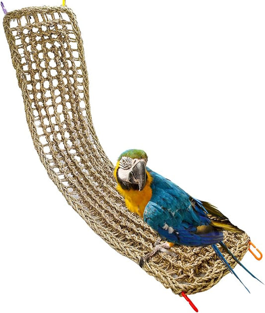 Bird Seagrass Mat 39.4×7" Natural Grass Woven Net Hammock Hanging on Parrot Cage with Hooks Parakeet Climbing Rope Ladder Chew Toys for Lovebird Cockatiel Conure Budgie Cockatoo Supplies