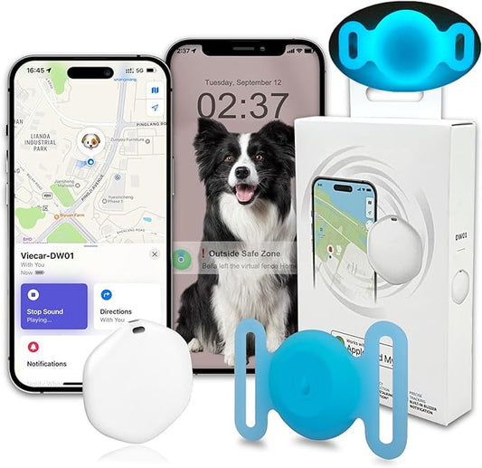 GPS Tracker for Dogs, Mini GPS Cat Tracker, IPX8 Waterproof GPS Tracker for Cats with Holder, No Monthly Fee, Work with Apple Find My(iOS Only), Smart Tracker for Dogs Finder Tracker Pets(GlowBlue)