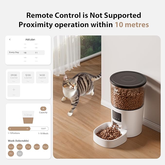 Automatic Cat Feeder - 3L Pet Dry Food Dispenser with Timed Programmable Portion Control, Dual Power Backup, Easy Set Up, 10 Meals Per Day for Cats and Puppies(Remote Not Supported)