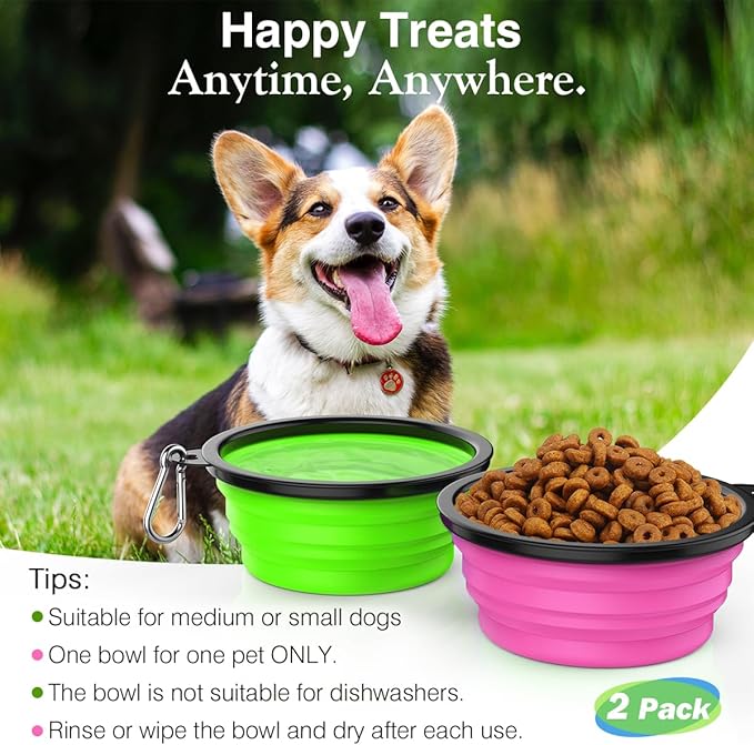 Pawaboo Collapsible Dog Bowls 2 Pack, Silicone Feeding Watering Bowls with Lids & Carabiners for Dogs Cats, Portable Water Feeder Food Bowl for Walking Traveling Home Use, 1000ml, Pink + Green