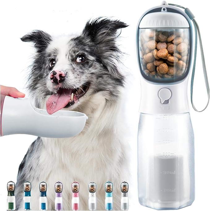 Portable Water Bottle for Dogs, 3 in 1 Pet Travel Bowl Dispenser with Food Treat Container & Poop Bag Holder, Summer Walking Hiking Accessories for Large Dog On The Go - White, 20oz