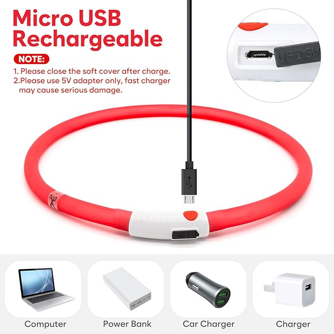 HIGO Light Up Dog Collar, Lightweight Silicone LED Dog Collar, USB Rechargeable Dog Collar Light for Dogs Cats Walking at Night (Red-Silicone)
