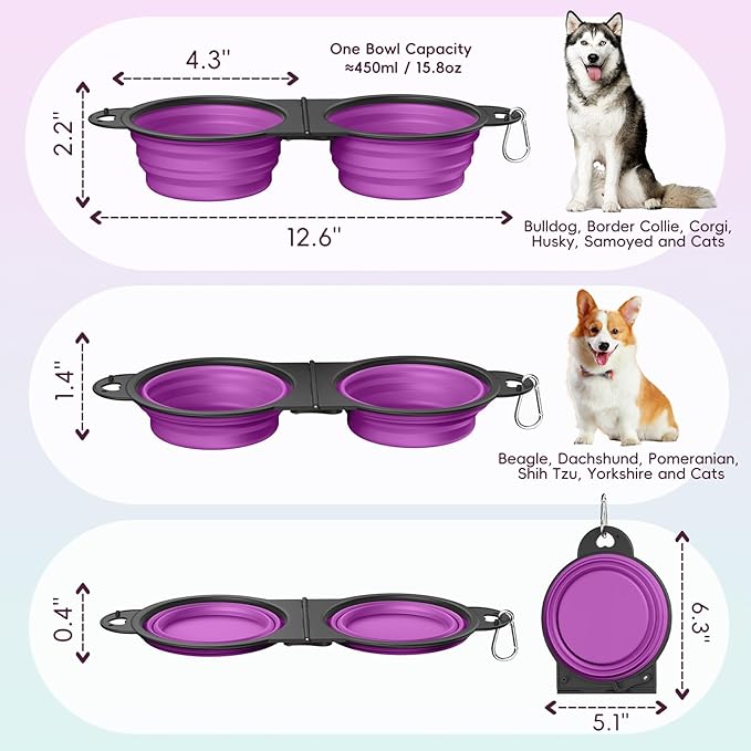 Pawaboo 2-in-1 Collapsible Dog Bowls, Dual Puppy Food and Water Bowls, 180° Flip Over Portable Silicone Dog Bowl with Metal Hook, 450ml Pet Travel Feeder Bowl for Walking Hiking Camping, Purple