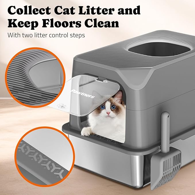 Pawtners Stainless Steel Cat Litter Box, XL Extra Large Kitty Litter Pan, Front Entry Top Exit Hooded Metal Cat Toilet for Odor Control with Removable Lid & Scoop, Anti-Leakage, Easy to Clean
