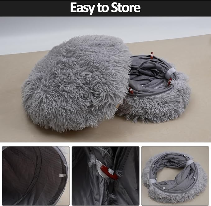 Cat Tunnel Bed with Central Mat, Soft Fluffy Plush Cat Tube Playground Toys, Collapsible Multi-Combinations Donut Circle Tunnel for Indoor Cat Kitten Kitty Puppy Rabbit Ferret (Gray)