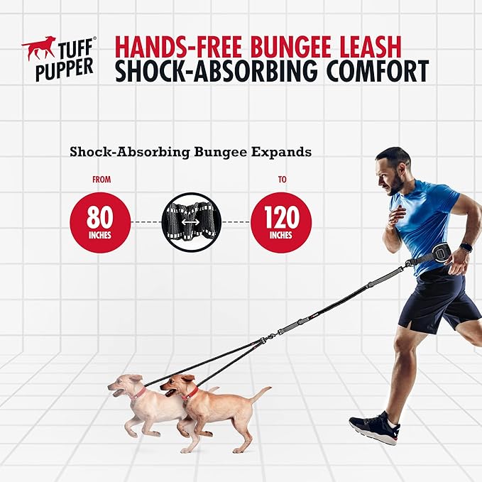 Tuff Pupper Heavy Duty Hands Free Dog Leash | Two Small/Medium Dogs Up to 90 lbs | Comfortable Shock Absorbing Bungee | Reflective Padded Handles | Lumbar Waist Belt 22-45" | Jogging Running Leash