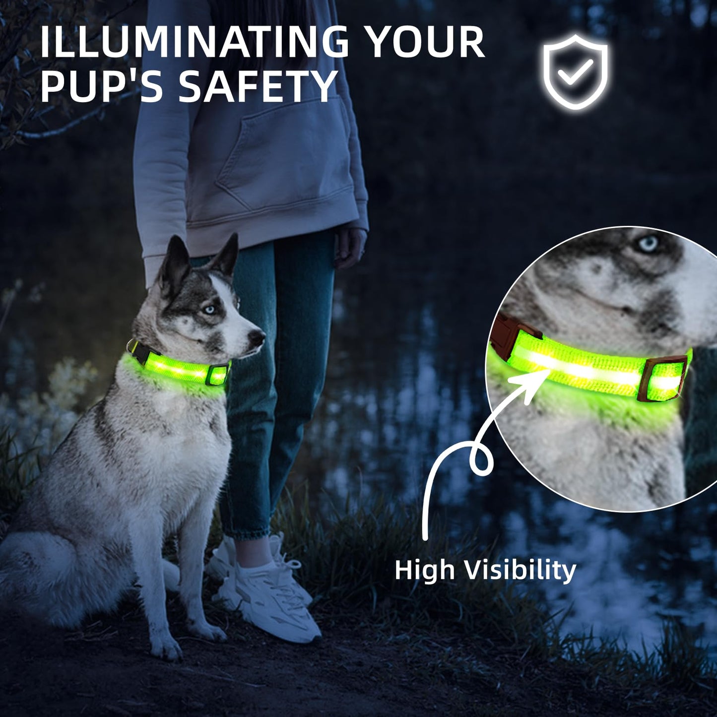 Super Bright LED Dog Collar - Fully Waterproof & Adjustable Glow Collar - USB-C Rechargeable for Night Walking, Safety - Flashing Lighted Collar for Dogs(Green,Medium)