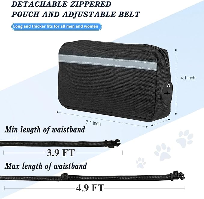 Hands Free Dog Leash with Zipper Pouch, Waist Dog Running Leash with Adjustable Waist Belt and Dual Handle, Reflective Bungee Hands Free Leash for Medium to Large Dogs (Black)