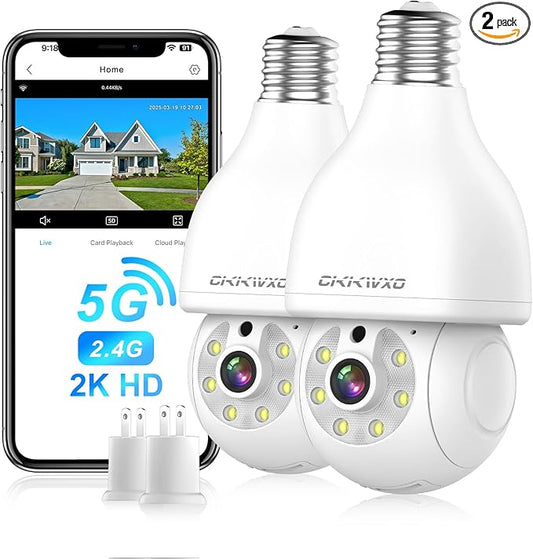 2K Light Bulb Security Camera, 2.4&5Ghz WiFi Light Bulb Camera, Light Socket Security Cam with Motion Detection,Two-Way Talk,24/7 Recording,Compatible with Google Assistant & Alexa (2 Pack)