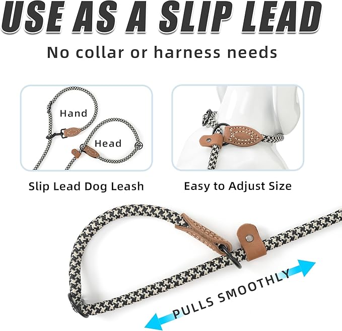 Mile High Life Hands Free Dog Leash, Crossbody Waist Leash with Genuine Leather Connection, Multifunctional Adjustable Slip Lead for Dog Walking Running (Black Khaki, 7FT)