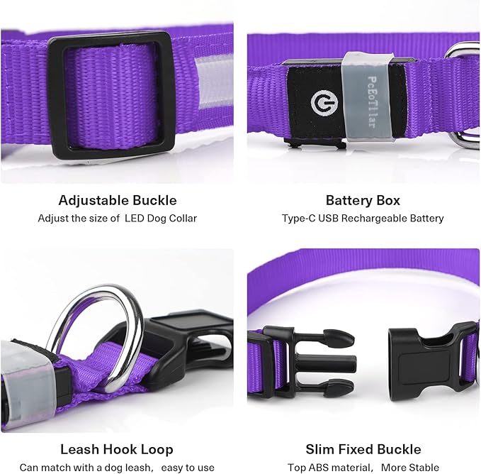 PcEoTllar Light up Dog Collar for Night Walking - LED Dog Collar Light Rechargeable Color Changing, Glow in The Dark Dog Collars Waterproof Glowing Dog Collars for Large Small Medium Dogs, Purple S