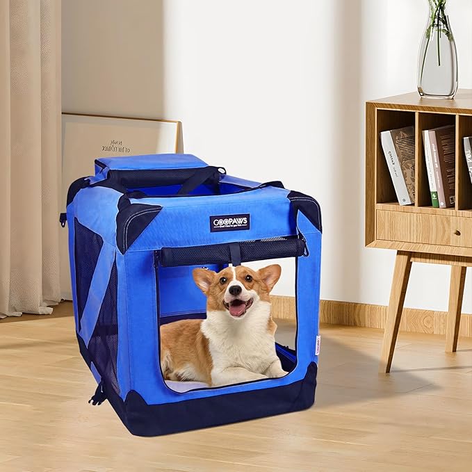 JESPET 36'' Soft Dog Crates Kennel for Pets, 3 Door Soft Sided Folding Travel Pet Carrier with Straps and Fleece Mat for Dogs, Cats, Rabbits, Grey Blue & Beige (36" L x 24" W x 27" H, Blue)