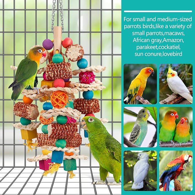lovyoCoCo Parrot Toys Bird Toys Natural Corn Cob Bird chew Toys for Small and Medium-Sized Macaws,African Grey,Cockatoos,Amazon Parrots,Parakeet,Cockatiel,Sun Conure, Lovebird with Wooden Blocks
