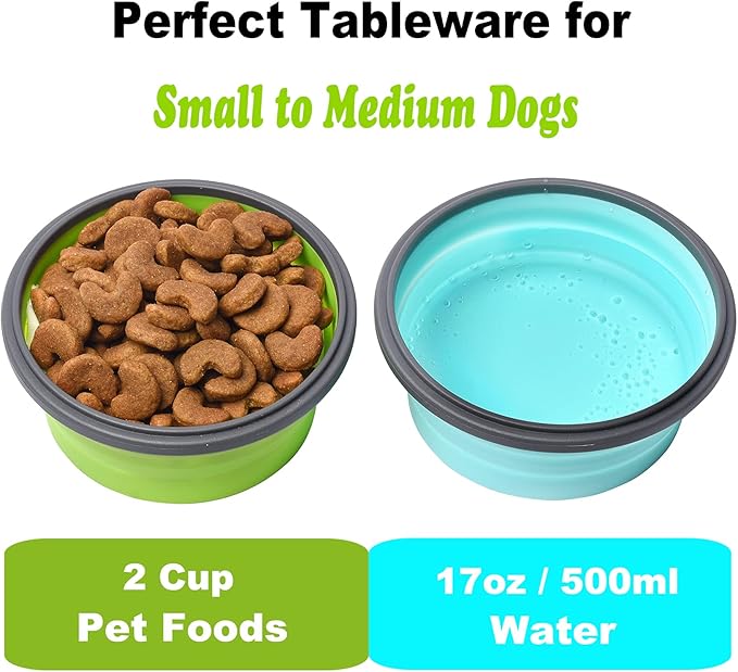 2 Pack Collapsible Dog Bowls, Silicone Travel Dog Bowls Portable Dog Food Bowls with Lids Pet Feeders Collapsible Water Cup Cat Bowl Dish for Camping Traveling Walking, 17 oz 500ml