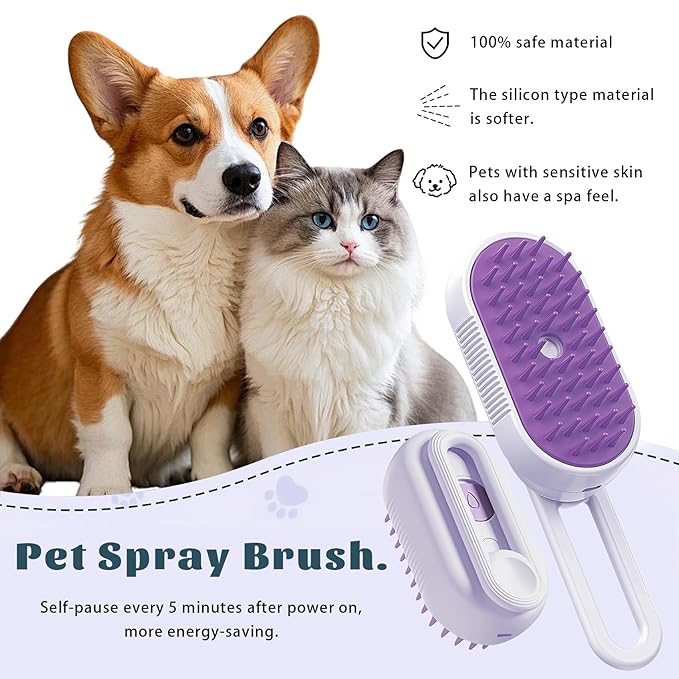 Cat Brush Cat Steam Brush Rechargeable Steamy Pet Grooming For Shedding, Water Spray Massage Brushs, Dog Hair Removal Self Cleaning Brushs Steamer Wet Spa Comb (Purple)
